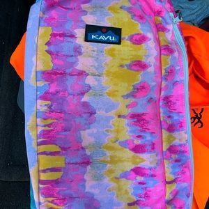 Size is  16 X 8.5 X 3.5 inches . Canvas tye dye mulitcolored sling switch bag.